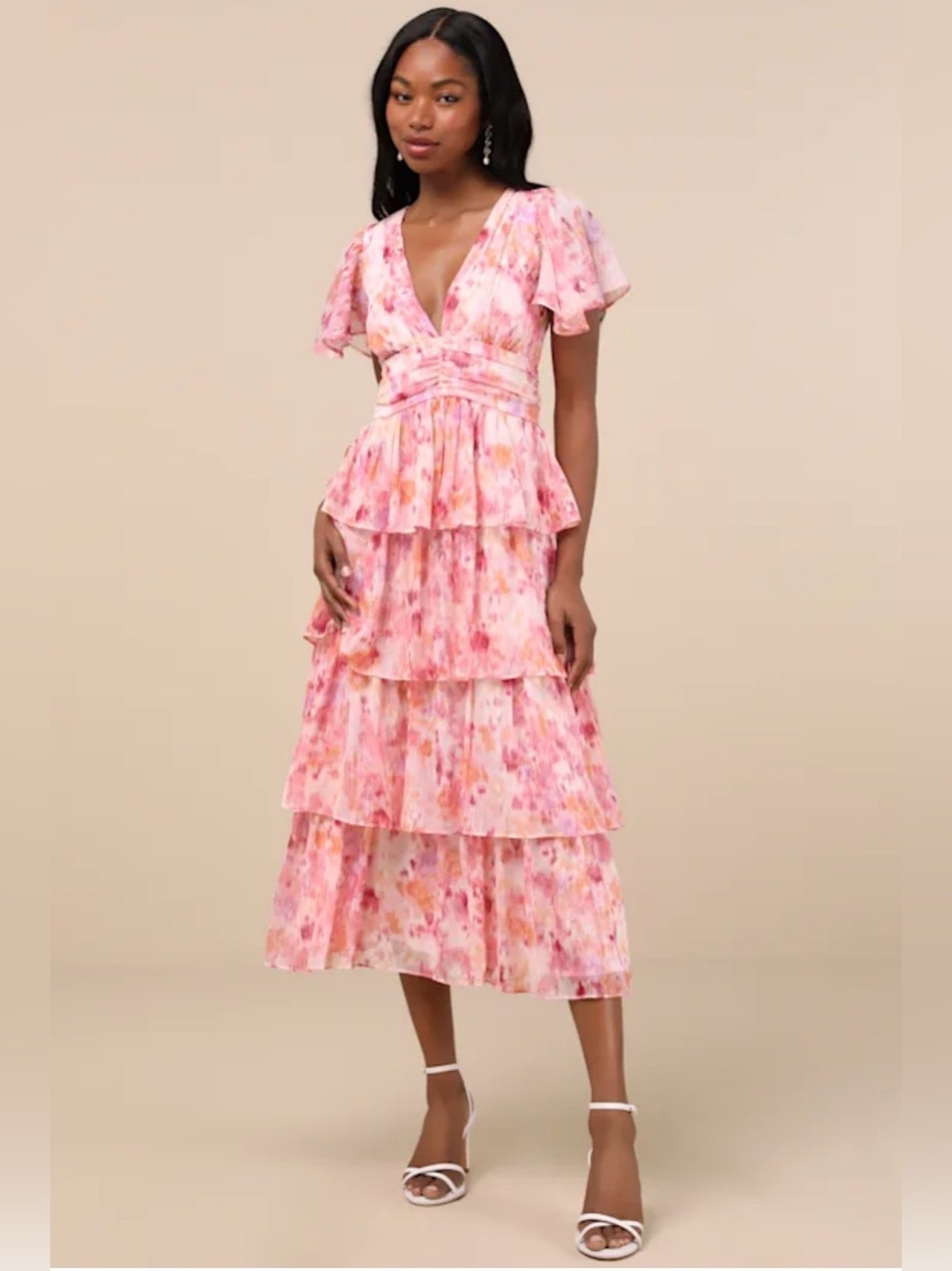 Lulus Nalia Pink Abstract Print Tiered Tie-Back Midi Dress